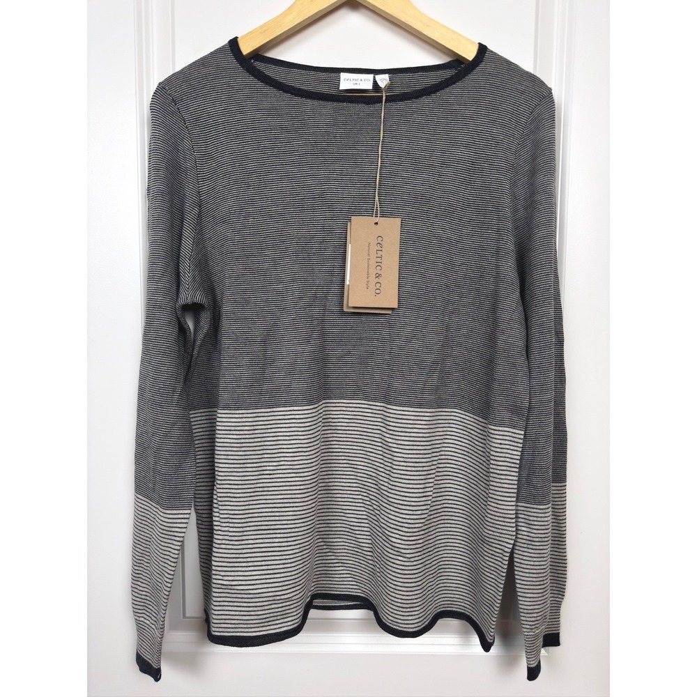 Celtic & Co Merino Fine Knit Boat Neck‎ Jumper Charcoal Ecru Stripe Large